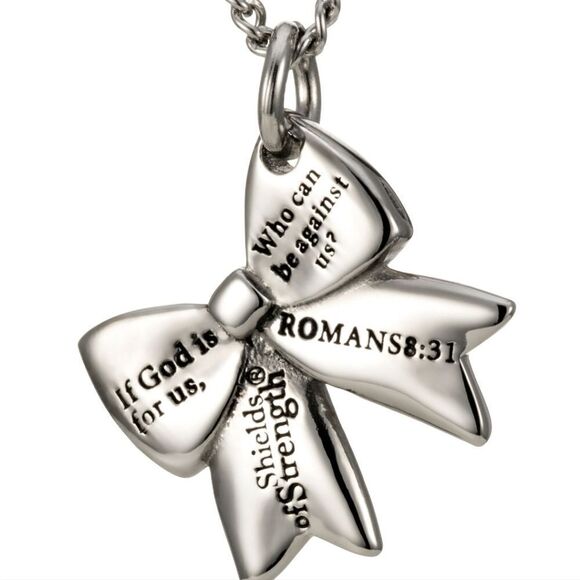 Shields of Strength Stainless Steel Cheer Bow Necklace Romans 8:31 Bible Verse - Picture 3 of 3